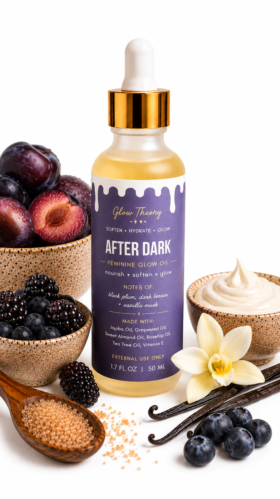 Glow Theory After Dark Feminine Glow Oil – Vanilla Cream & Warm Cookies Scented Body Oil for Soft Glowing Skin