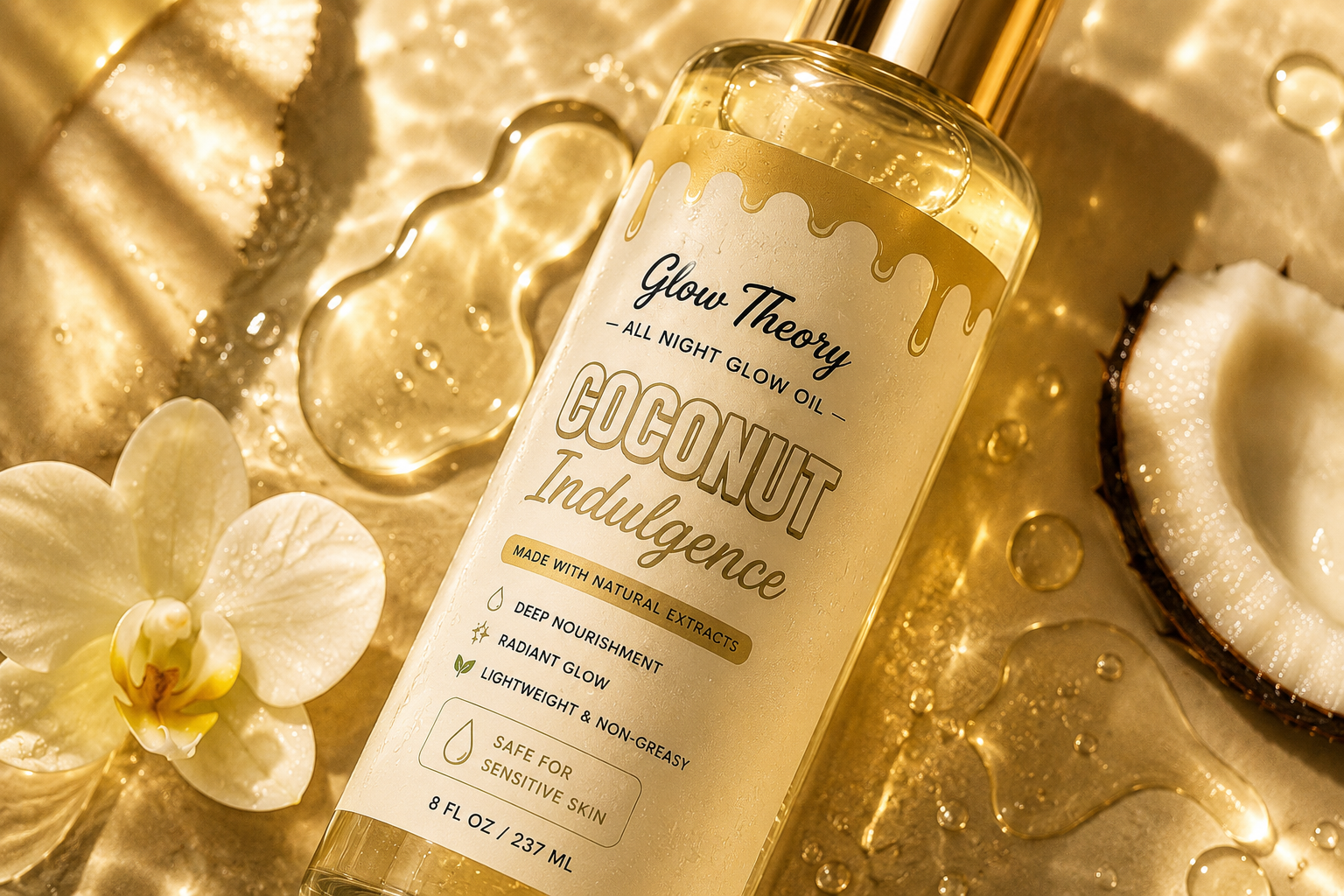 Glow Theory Coconut Indulgence All Night Glow Oil – Tropical Hydrating Body Oil for Soft, Glowing, Non-Greasy Skin