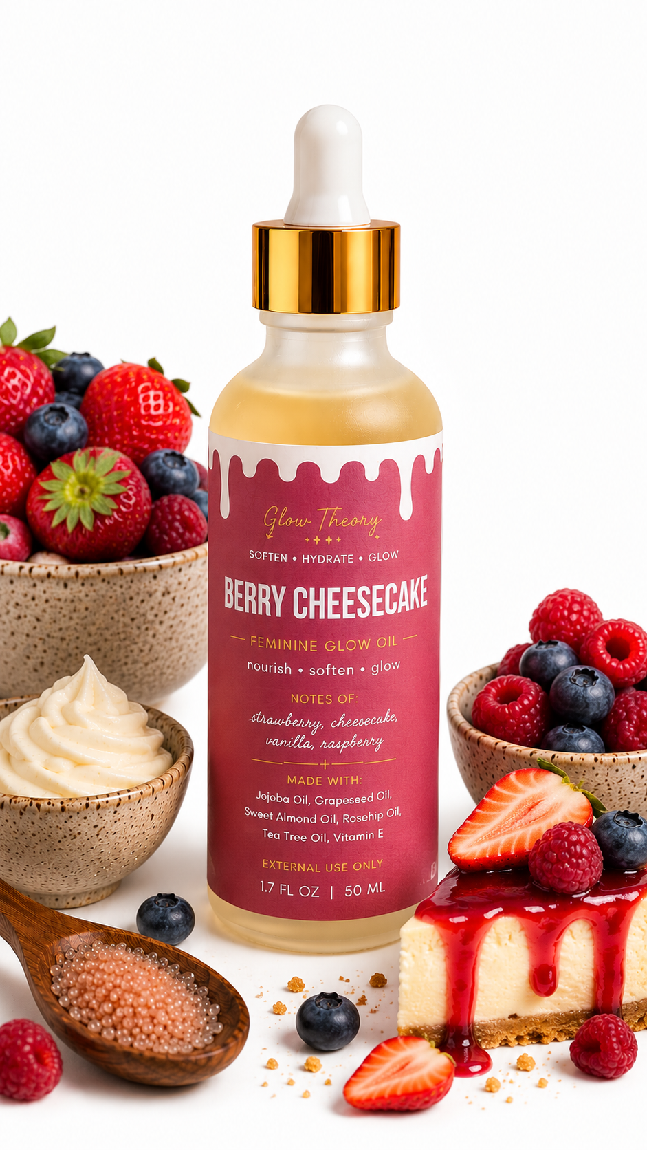 Glow Theory Berry Cheesecake Feminine Glow Oil – Strawberry Cheesecake Dessert Scent Body Oil for Soft Hydrated Skin