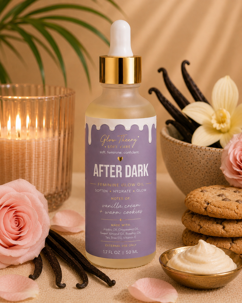 Glow Theory After Dark Feminine Glow Oil – Vanilla Cream & Warm Cookies Scented Body Oil for Soft Glowing Skin