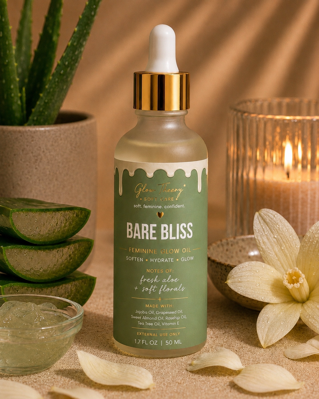 Glow Theory Bare Bliss Feminine Glow Oil – Fresh Aloe & Soft Floral Body Oil for Hydrated Glowing Skin