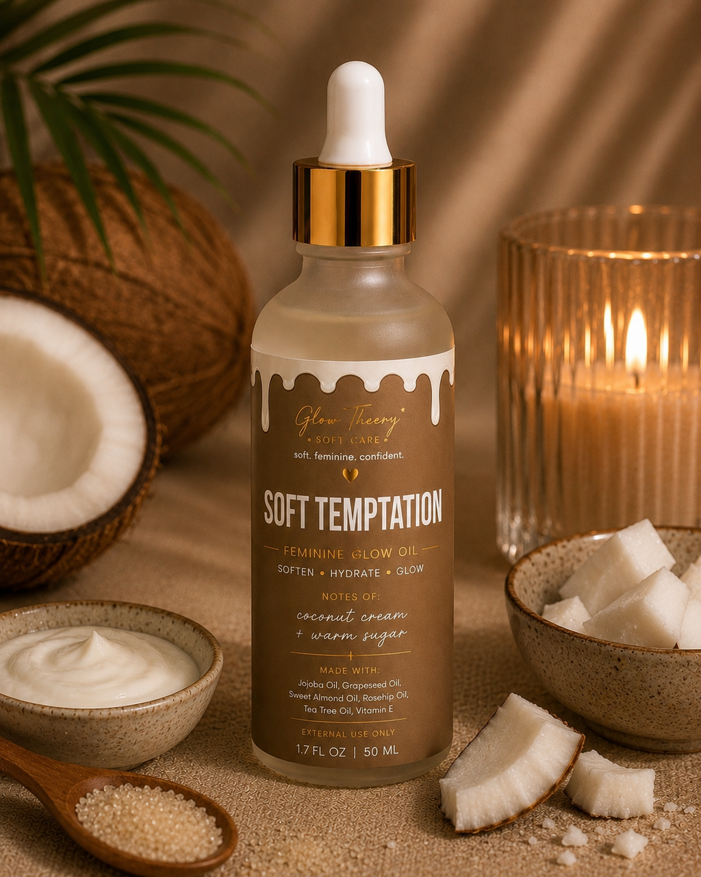 Glow Theory Soft Temptation Feminine Glow Oil – Coconut Cream & Warm Sugar Body Oil for Glowing Skin