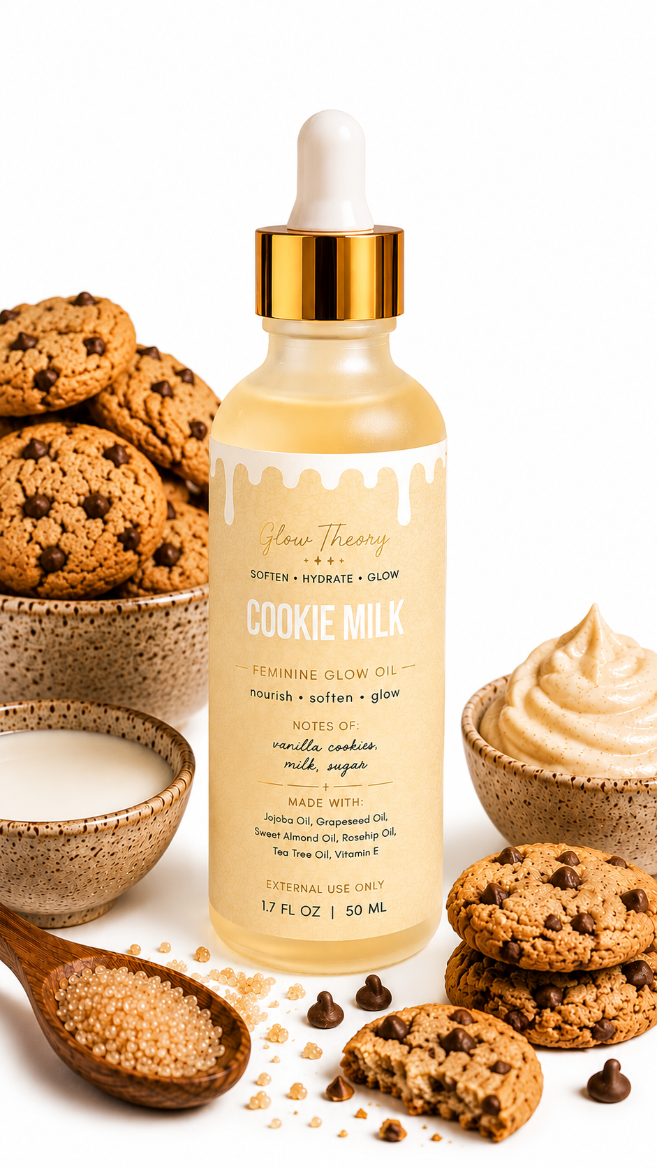 Glow Theory Cookie Milk Feminine Glow Oil – Vanilla Cookie Milk Dessert Scent Body Oil for Soft Hydrated Skin