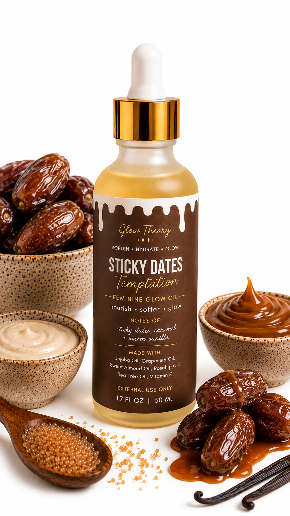 Glow Theory Sticky Dates Temptation Feminine Glow Oil – Caramel Vanilla Dessert Scent Body Oil for Soft Hydrated Skin