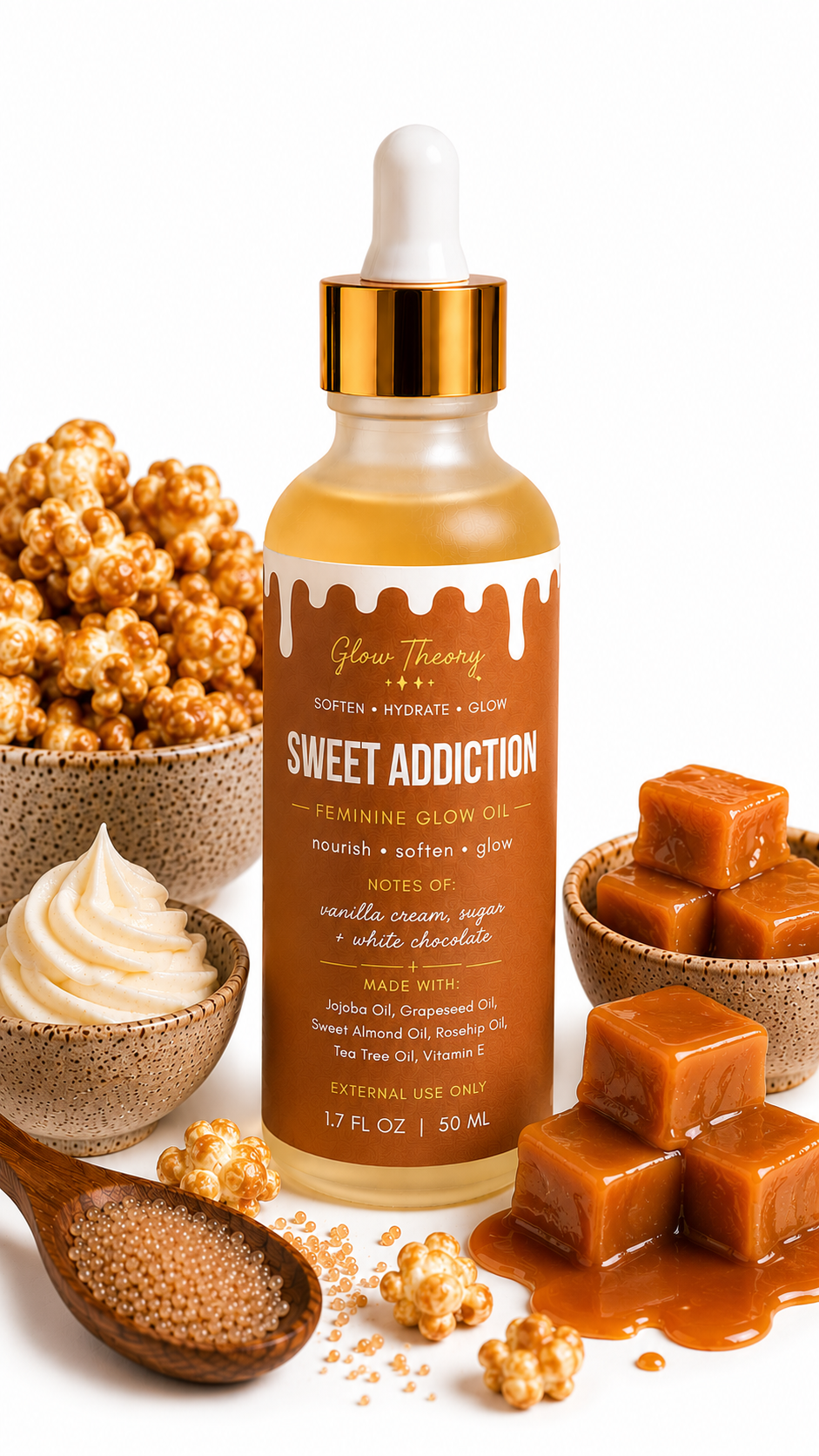 Glow Theory Sweet Addiction Feminine Glow Oil – Vanilla Cream White Chocolate Body Oil for Soft Hydrated Skin