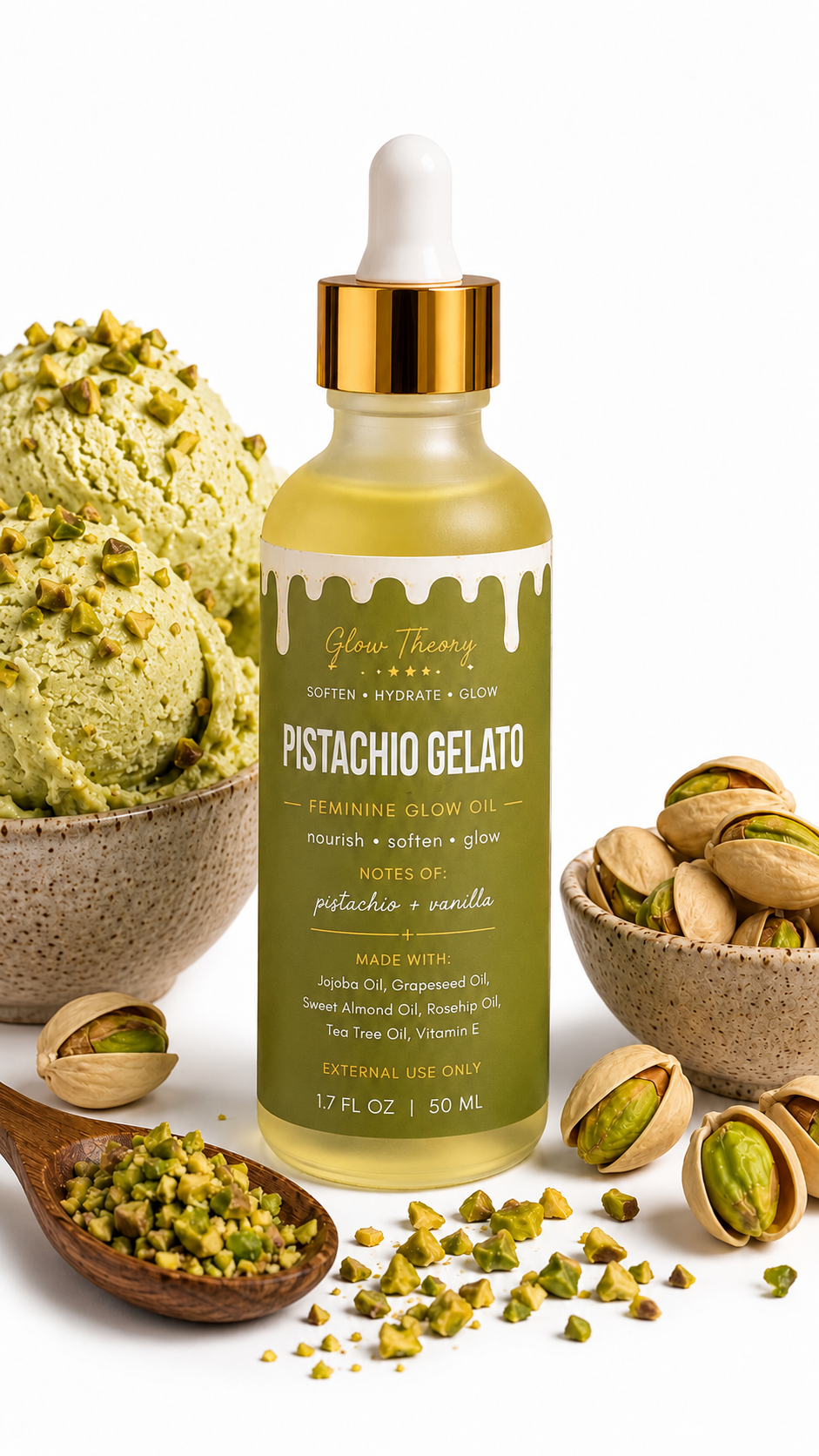 Glow Theory Pistachio Gelato Feminine Glow Oil – Pistachio Vanilla Dessert Scent Body Oil for Soft Hydrated Skin