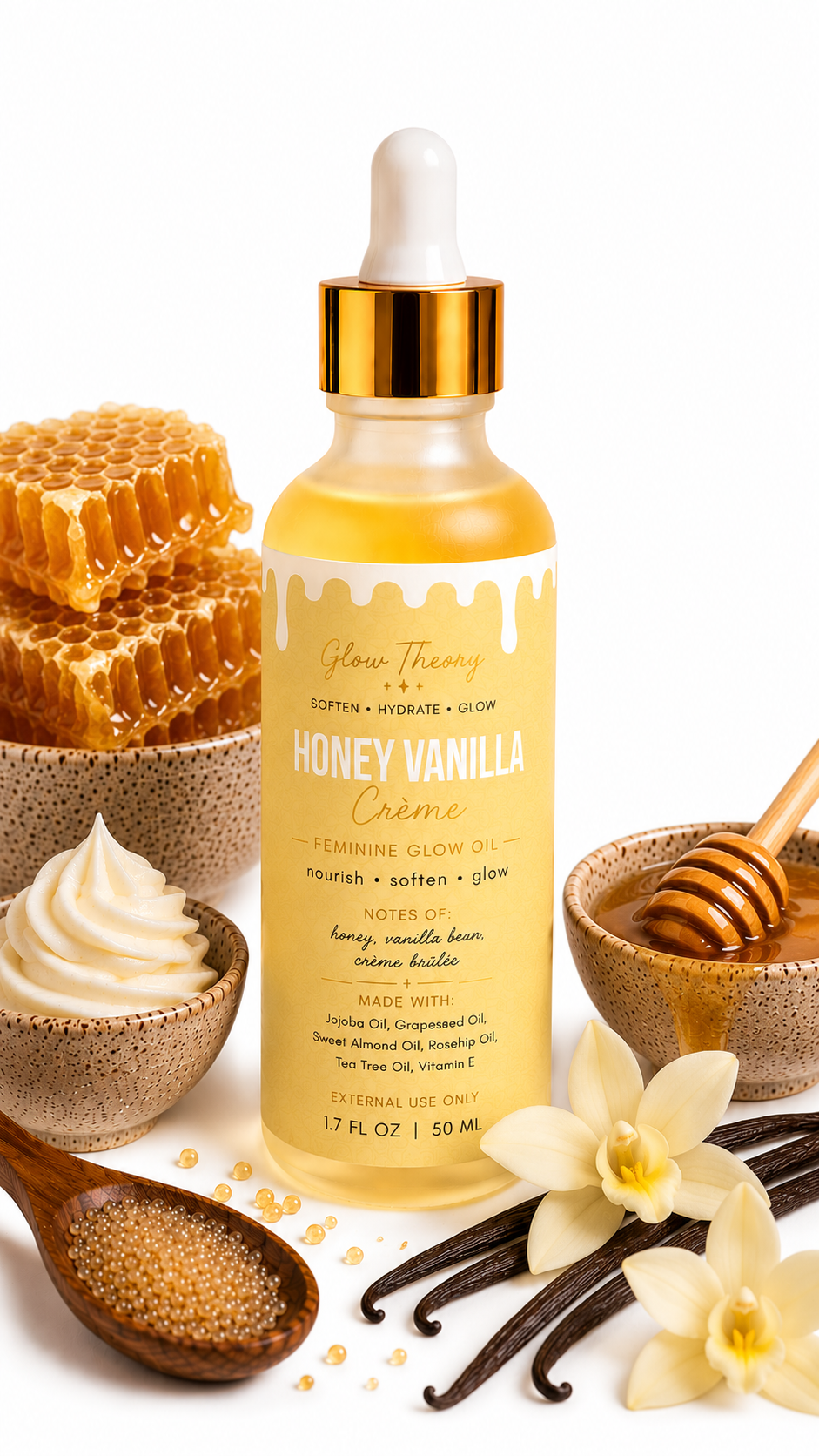 Glow Theory Honey Vanilla Crème Feminine Glow Oil – Honey Vanilla Crème Brûlée Body Oil for Soft Hydrated Skin
