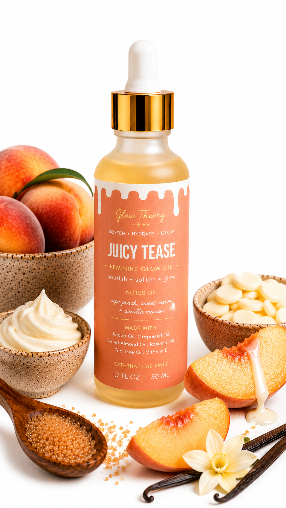Glow Theory Juicy Tease Feminine Glow Oil – Peach Cream Dessert Scent Body Oil for Soft Hydrated Skin