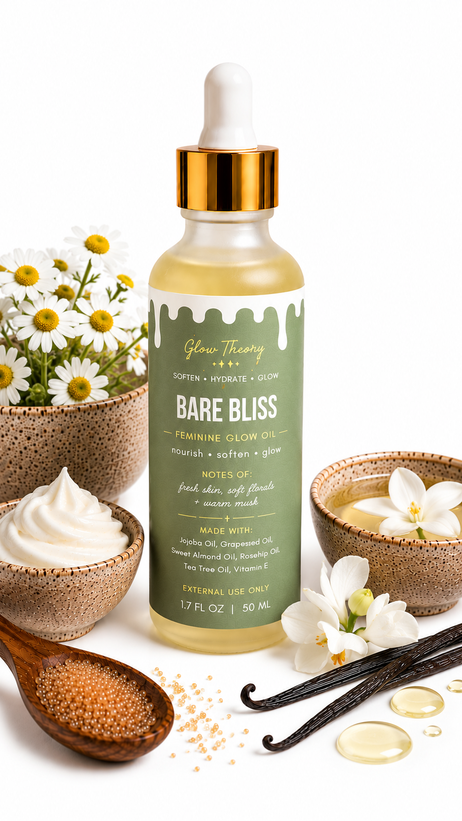 Glow Theory Bare Bliss Feminine Glow Oil – Fresh Aloe & Soft Floral Body Oil for Hydrated Glowing Skin