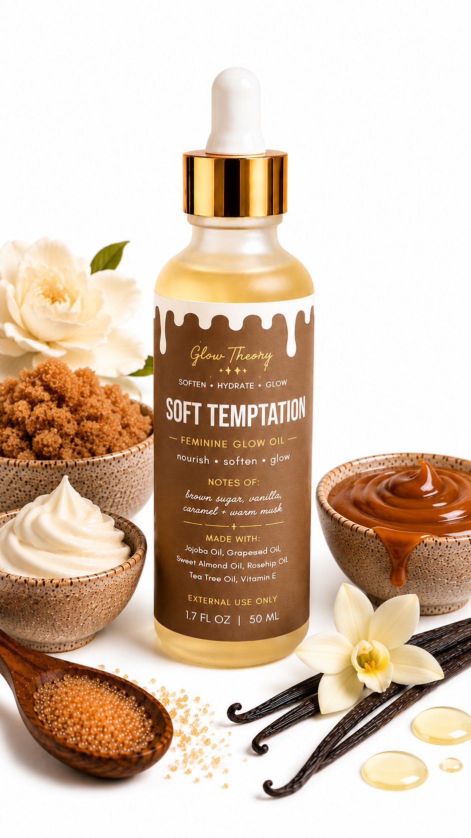 Glow Theory Soft Temptation Feminine Glow Oil – Coconut Cream & Warm Sugar Body Oil for Glowing Skin